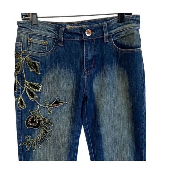 Vintage Bell Flare Embellished Velvet Beaded Embroidered Flowers Jeans 30X30.5 - Picture 3 of 5